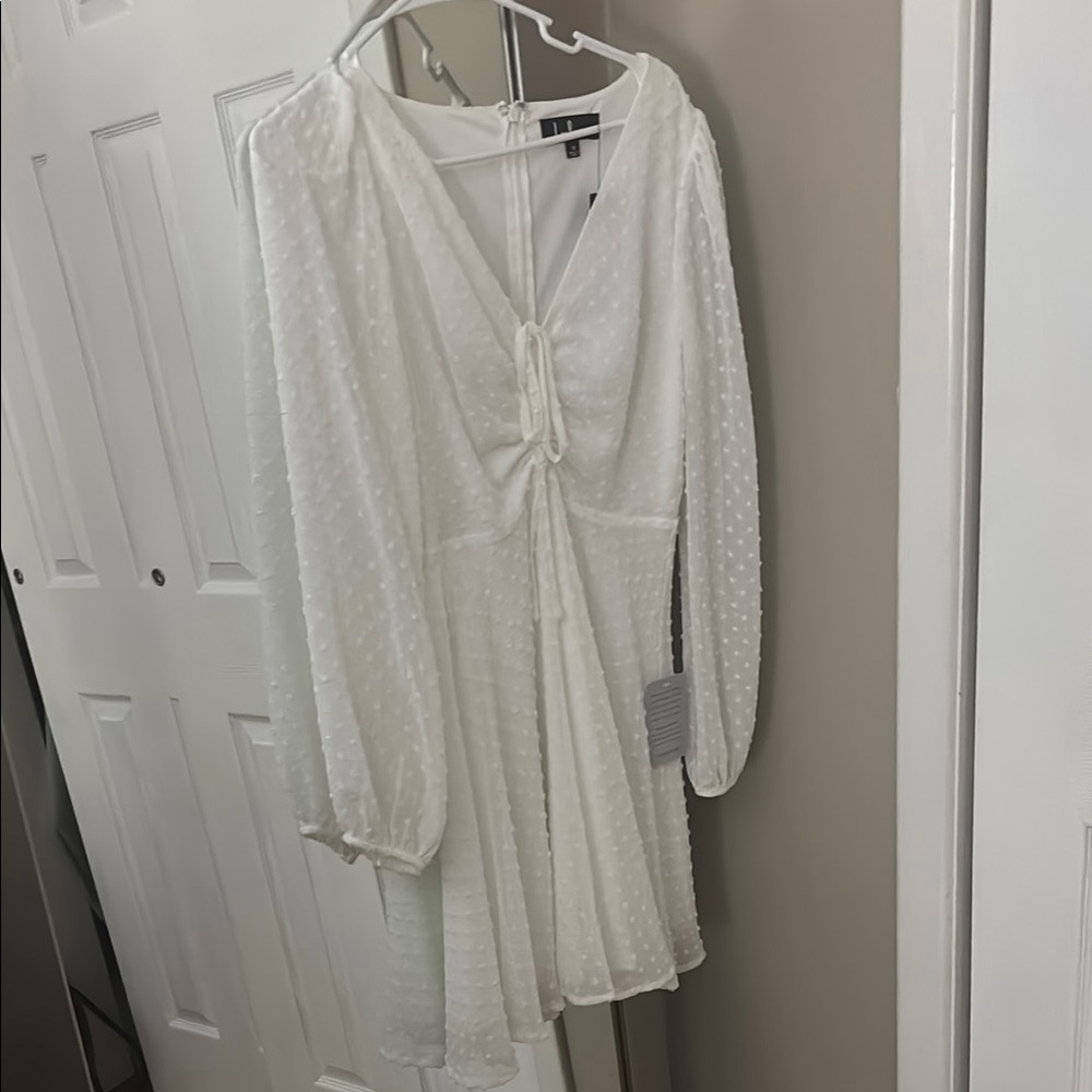 White Swiss Dot Long-Sleeve Mini Dress with Front Tie